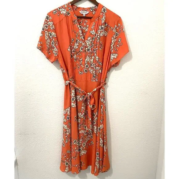 Nanette Lepore V-Neck Short Sleeve Pintuck Front Tie Dress A-line Floral Size 16 - Picture 2 of 9